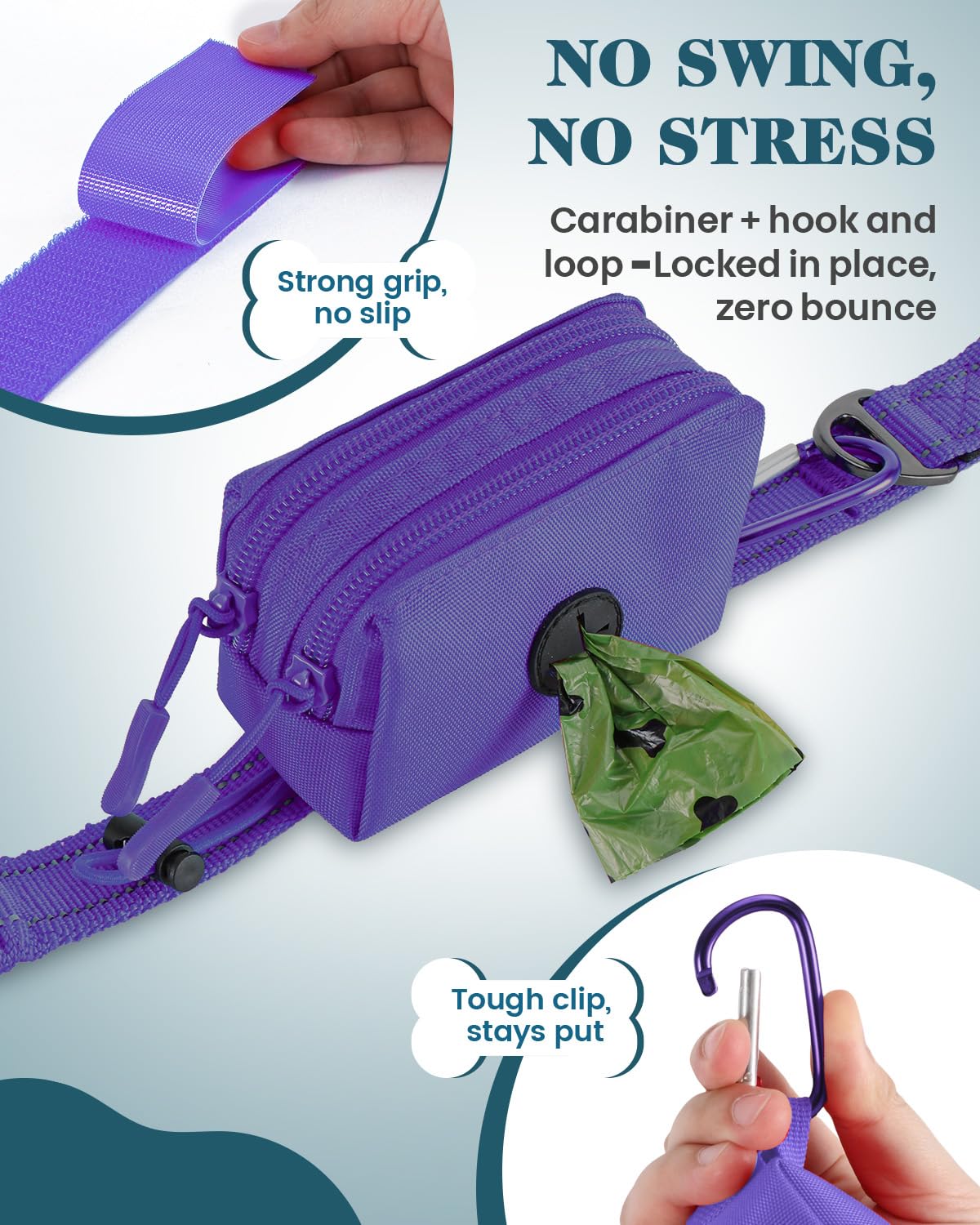 Dog Poop Bag Holder for Leashes, Purple Doggie Waste Bag Dispenser and Treat Holder, with Carabiner Hook and Poop Bag Clip, Used